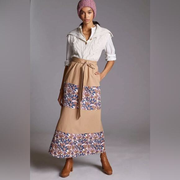 🆕 ANTHROPOLOGIE X SACHIN & BABI | Tan Floral Jacquard Tiered Maxi Skirt | 12 - Picture 1 of 11